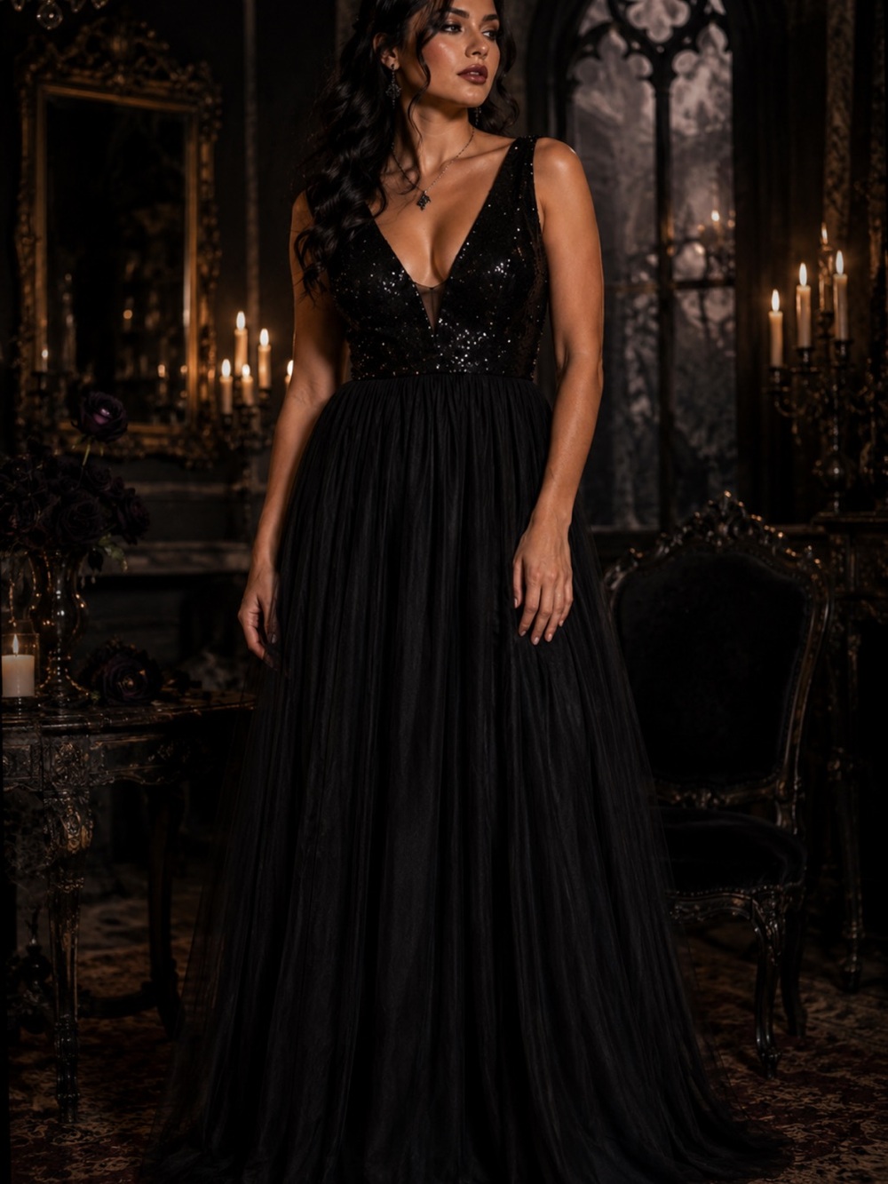 NWT Haute Monde Black Sequin Tulle Maxi Dress